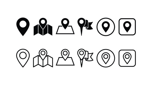 Location pin icons and map marker pictograms black and white flat vector illustrations on a white background