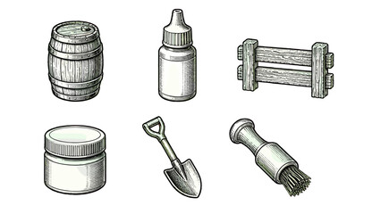 Engraved style set of barrel bottle fence jar shovel and brush © Mark