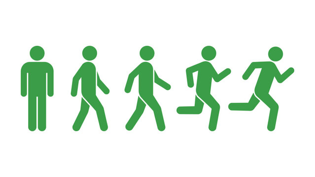 Human silhouettes depicting stages of walking and running a flat green vector illustration activity animation
