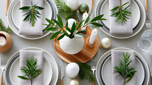 Elegant holiday dining table setting with gray plates, linen napkins, greenery, candles, and decorative ornaments arranged for festive celebration