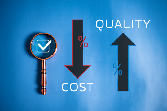 Magnifying glass focusing on checkmark icon next to cost reduction and quality increase arrows on blue background
