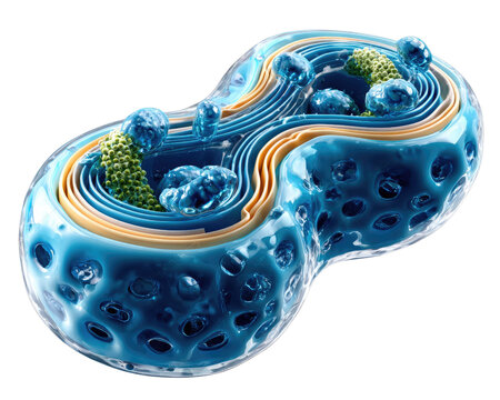 Cell Division Model: A detailed 3D model illustrates the intricate process of cell division, showcasing the internal structures and the forming daughter cells in a vibrant blue hue.