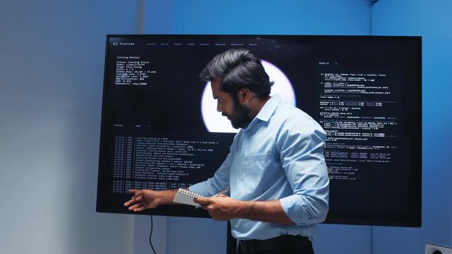 Professional Male Software Engineer, Data scientist Looking at Monitor Reviewing Coding and AI Model while Analyzing, Developing New AI Module and Datum in Tech Office at Night.