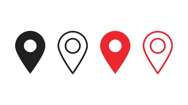 Location marker icons a set of four flat two color silhouettes on a white background