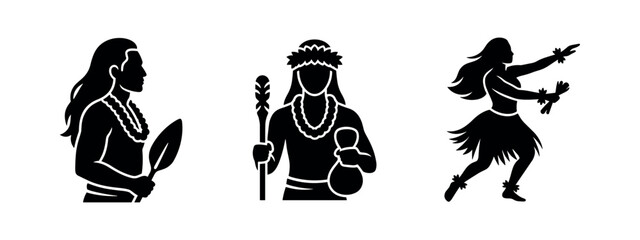 Obraz premium Black Silhouette Icons of Hawaiian Dancers and Accessories