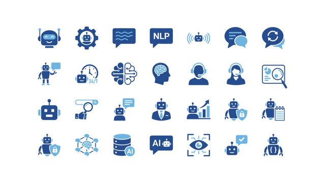 Collection Of Artificial Intelligence Icons Featuring Robots Data And Communication Flat Blue Style automation chatbot