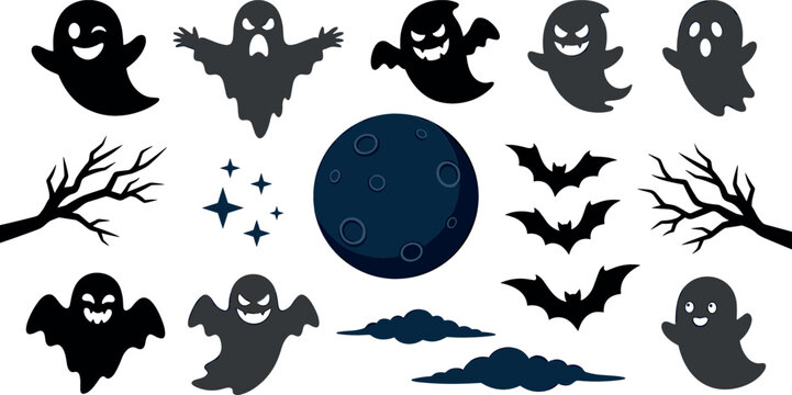 Halloween silhouette element collection vector set featuring spooky ghosts cute phantoms full moon flying bats bare tree branches stars and dark clouds isolated on white background.