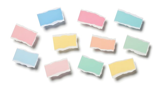 Top view of scattered colorful rectangular paper labels with torn edges isolated on a white background