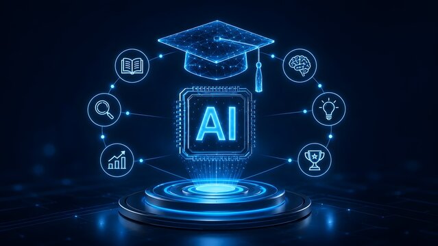 Futuristic AI microchip under a glowing graduation cap with digital learning icons representing edtech and machine learning in modern education