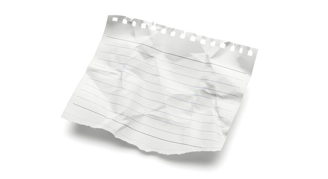 A single piece of crumpled white paper isolated on a clean white background with soft shadows