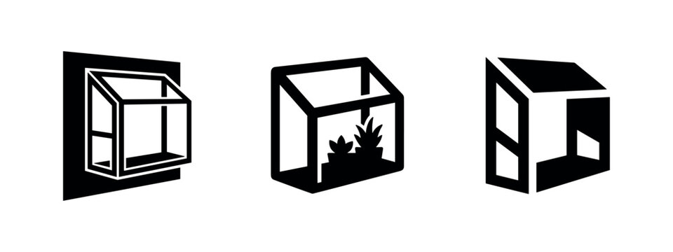 Conservatory window and lean-to greenhouse icons with plants inside - vector illustration for gardening or home decor.
