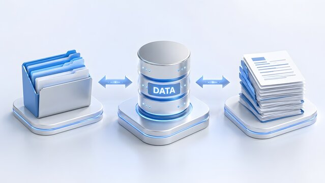 Clean 3D rendering of digital file organization with blue folder silver data storage server and stacked documents on modern white blocks