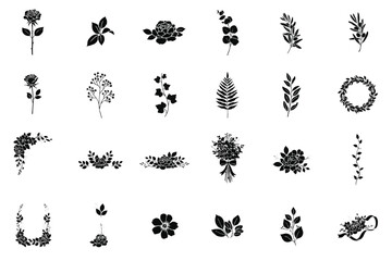 Fototapeta premium Floral and botanical elements solid icons set. Garden flowers and leaves glyph vector illustration.