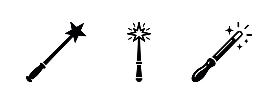 Magic Wand Icon Set with Sparkling Star and Elegant Design