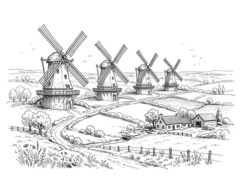 Vintage windmills in snowy landscape illustration. Classic black and white sketch of traditional Dutch mills in winter scenery.