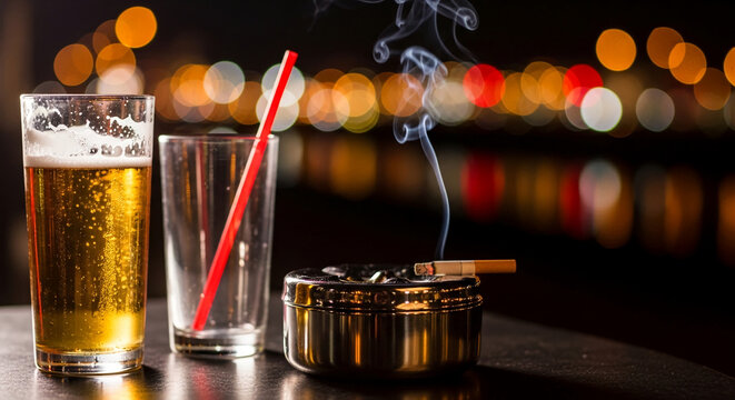 Glass of beer and an ashtray with a lit cigarette, smoke rising against a bokeh background of city lights, symbolizing leisure and nightlife