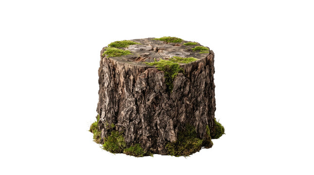 A weathered tree stump with textured bark and green moss isolated on a solid black background