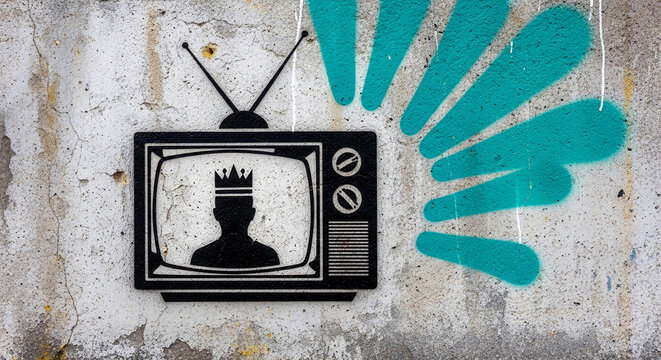 Vintage television screen shows silhouette of a crowned head, with abstract blue spray paint bursts, symbolizing broadcast or media power