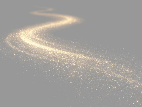 Glowing gold sparkle trail on transparent background PNG. Magic light effect with glitter dust and stars. Abstract dynamic wave of stardust particles for festive holiday design. Christmas picture