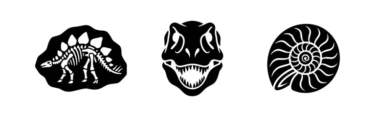 Fossil and dinosaur icon set. Stegosaurus skeleton, T-Rex head, and ammonite shell, black silhouette illustration. © Lili