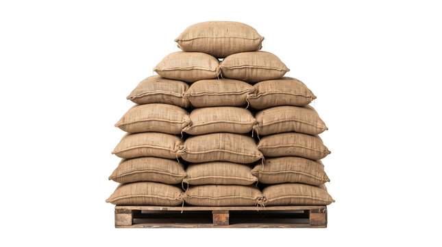 Large stack of brown burlap sacks filled with agricultural products resting on a wooden shipping pallet