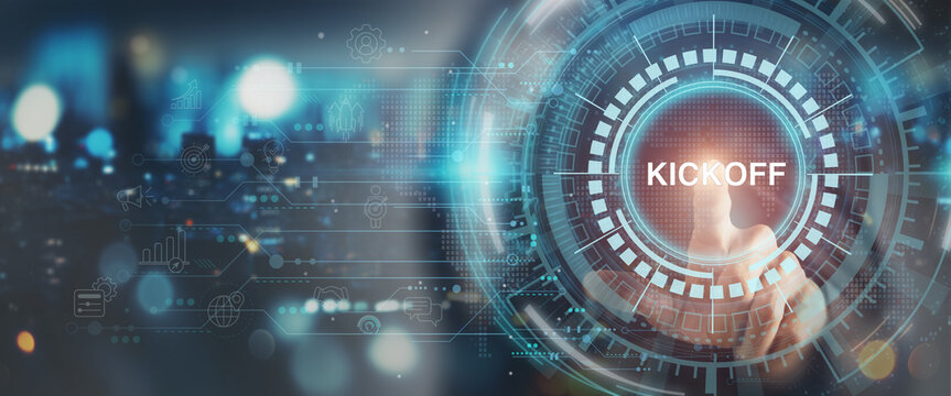 Digital project kickoff and business transformation concept. Activating a digital kickoff interface, symbolizing project launch, strategic planning, digital transformation, team alignment,  execution.