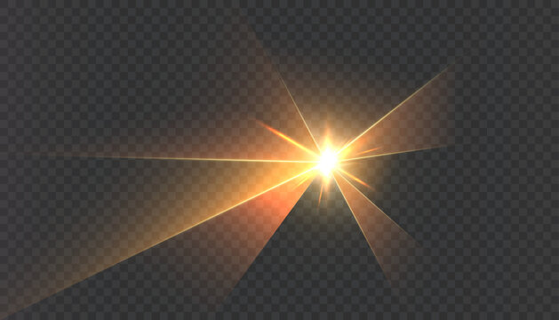 Bright golden star flare with sharp light rays and warm orange glow, isolated on transparent background. Vector illustration for overlays and visual effects.