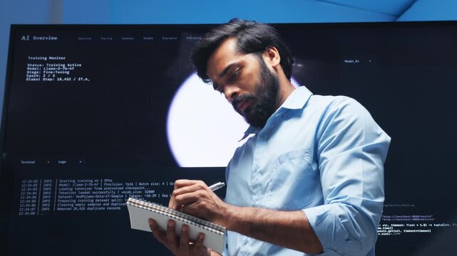 Professional Indian Software Developer, AI Engineer looking at Screen Reviewing and Analyzing Data, AI Model and Coding while Taking notes and Information report Standing in Control room at Office.