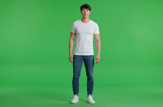 Full body shot of a young Asian man standing confidently in front of a vibrant green screen, ready for compositing.