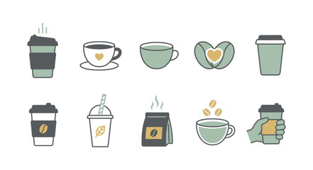Fototapeta premium Set of muted green coffee featuring cups, beans, and takeaway mugs on white