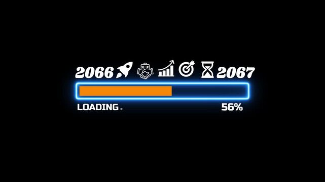 Futuristic Neon Loading Progress Bar with New Year 2066 to 2067 Countdown and Business Icons 4k video