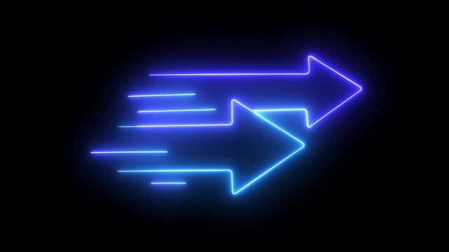 Glowing neon arrows motion graphic for video overlay, fast direction indicator and speed concept on Black background
