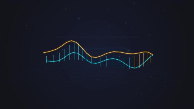 Abstract digital data visualization with moving wave graphs and rising financial statistics.