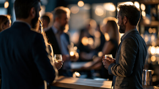 Business professionals photographed from behind networking with drinks at a bright modern bar setting faceless rear view figures corporate event modern bar networking drinks