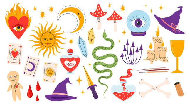 Esoteric magic icon set with tarot card, crystal, snake, mushroom and love potion on white background. Colorful witchcraft symbol collection with sun, moon, crystal ball, voodoo doll and witch hat. Fl
