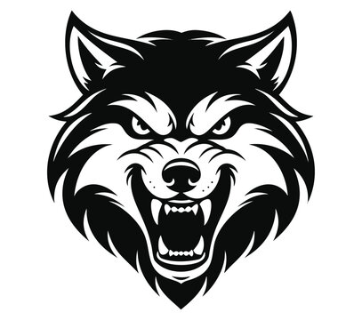 Aggressive wolf head mascot logo in black and white style