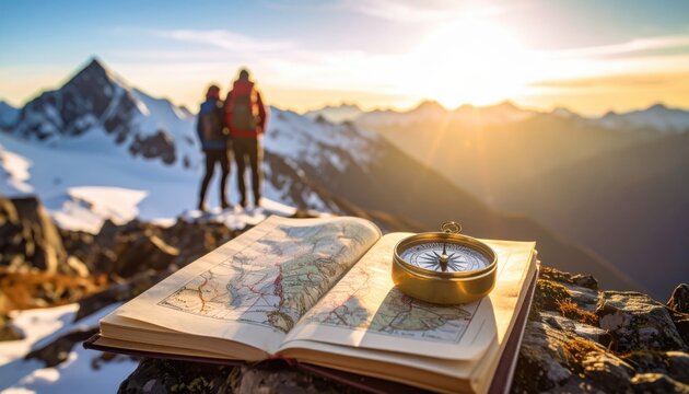 Open map and compass with hikers in snowy mountain background portraying adventure, exploration and navigating through remote natural landscapes