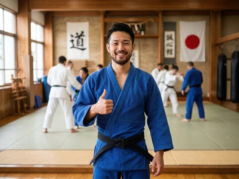 Happy japanese judo instructor wearing a blue gi and black belt giving a thumbs up in a traditional martial arts dojo with students