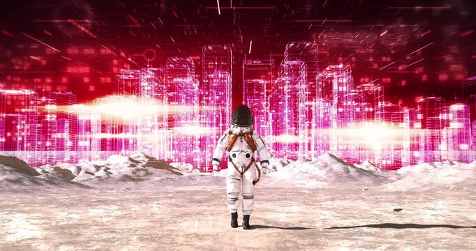 Futuristic astronaut walking forward on lunar surface with cyber city background. Abstract Digital Space City Concept.