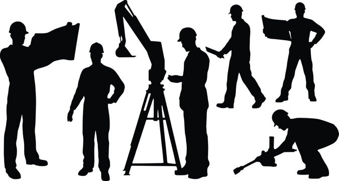 Construction and Engineering Silhouettes of Workers with Blueprints and Excavator builders architects