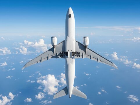 Large passenger airplane flying high above the clouds in the blue sky during a sunny day