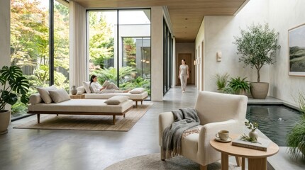 Fototapeta premium Modern interior living space with natural light and plants