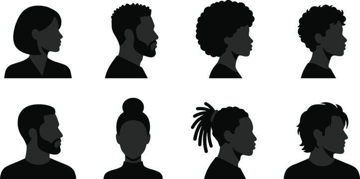 Set of black silhouettes showing diverse hairstyles and profiles of men and women on a white background