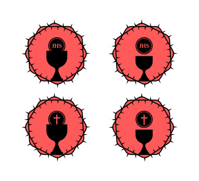 Four distinct religious icons representing the sacrament of communion, each enclosed within a thorny circle. Christian communion symbols featuring chalices and crowns of thorns