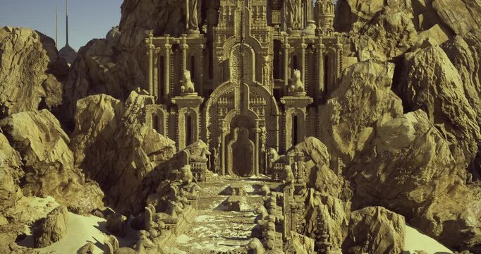 sacred stairway ascending through rocky portal toward carved sanctuary, broad worn steps, ornate gate, solemn atmosphere suggesting pilgrimage, ceremonial
