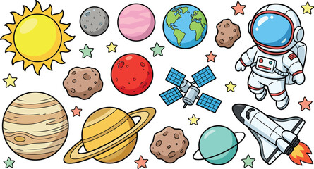 Cute Astronaut and Solar System Galaxy Vector Sticker Set with Sun, Earth, Saturn, Space Shuttle, Satellite, and Asteroids for Astronomy Designs © Shahanaj