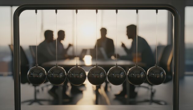 Newton cradle in front of a business meeting at sunset illustrating cause and effect momentum of corporate decision making and leadership impact on team dynamics
