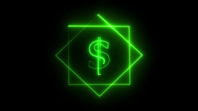 Neon dollar sign icon dollar symbol in rectangle frame for business or finance concept on black background.
