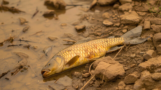 Environmental impact, Dying fish in dried riverbed showing environmental impact climate change and water scarcity issues