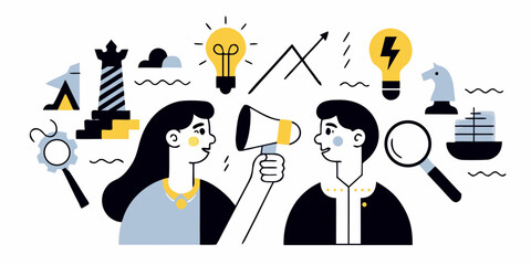 Business Communication Illustration With People Megaphone And Strategy Elements © Polash